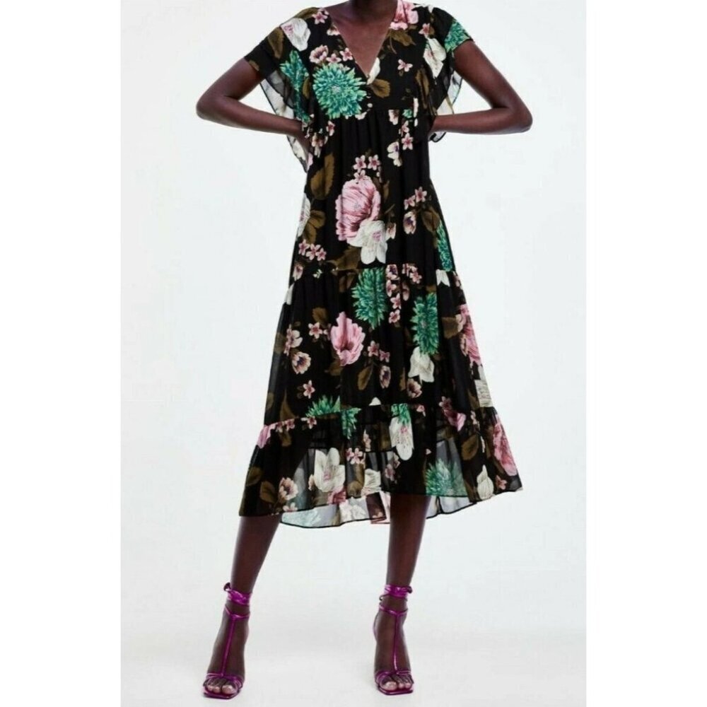 ZARA LOOSE-FITTING V-NECK RUFFLED FLORAL PRINT DRESS Size XS-S
